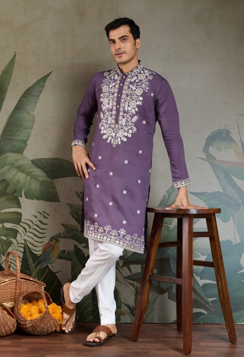 Purple Thread & Sequence Hand Embroidered Men’s Kurta Set